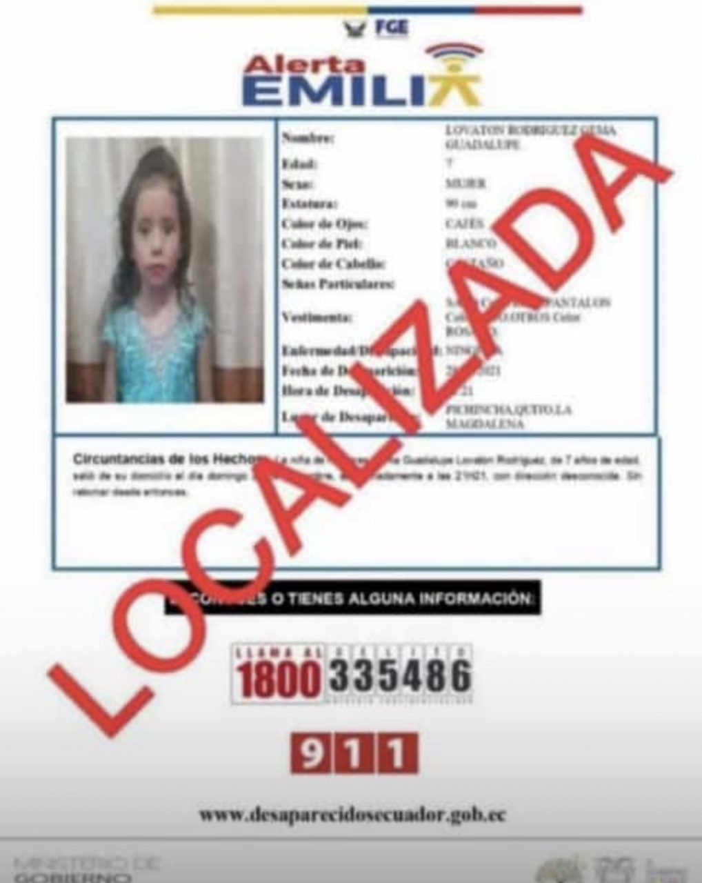Niña desaparecida en Quito fue localizada