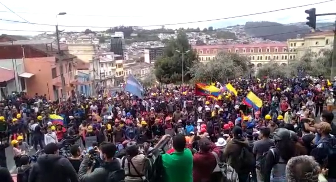 En los exteriores de la Basílica, los manifestantes ondean la Bandera del Ecuador.