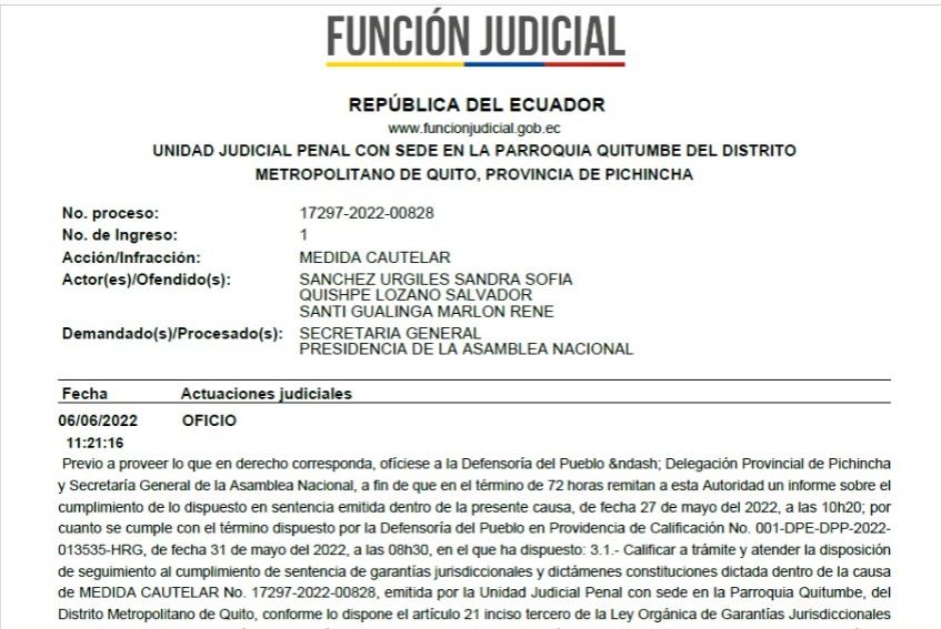 Juez califica a trámite la denuncia de incumplimiento de medidas cautelares a favor de Guadalupe Llori