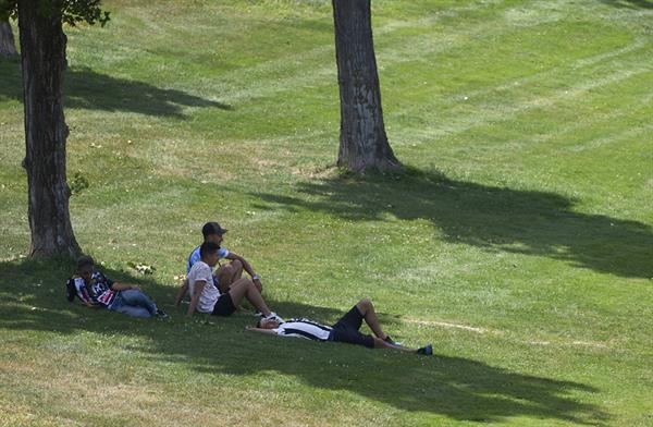 SERVICIOS. Unos jóvenes se protegen a la sombra en un parque. EFE