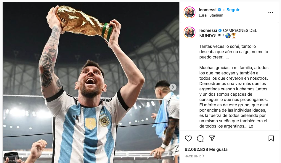 El ‘post’ de Messi tras ganar el Mundial supera el récord de ‘likes’ con 62 millones