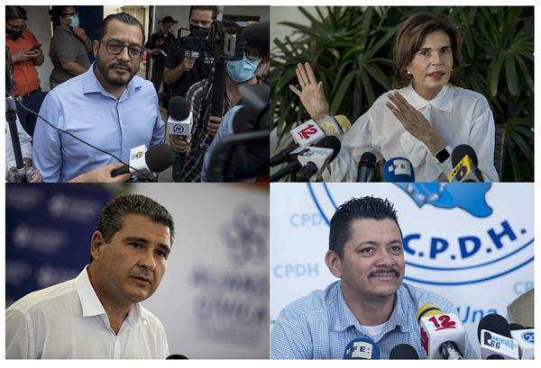 Líderes opositores Félix Maradiaga (i-arriba), Cristiana Chamorro (d-arriba), Juan Sebastián Chamorro (i-abajo), y Medardo Mairena fueron expulsados de Nicaragua. EFE