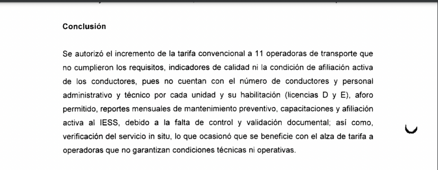 Conclusiones del informe emitido por Contraloría (año 2023), sobre los buses urbanos, en Quito.