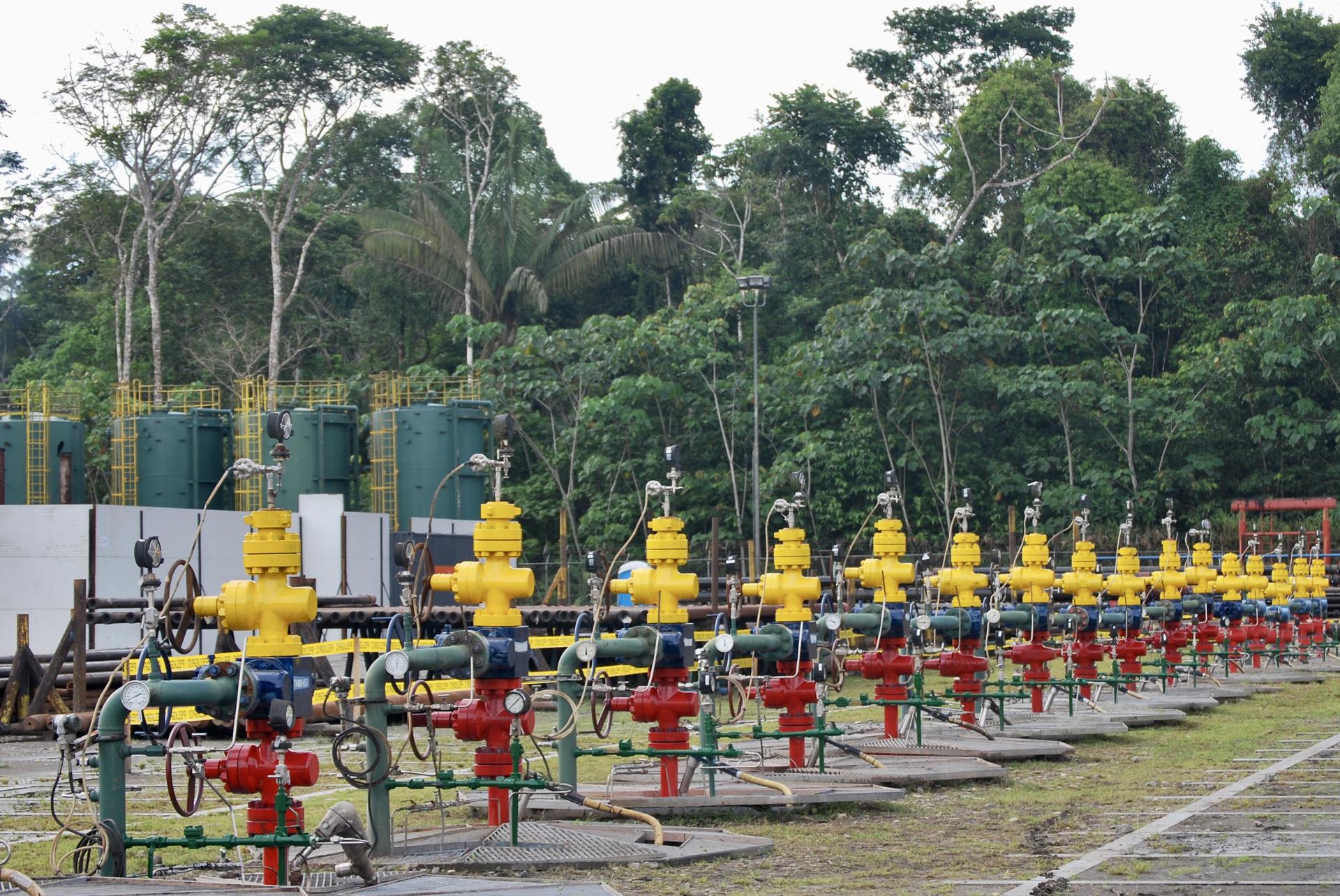 Una hilera de pozos petroleros en una plataforma del campo Tambococha, del Bloque 43-ITT.