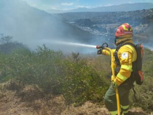 60 efectivos del cuerpo de Bomberos de Quito tratan de controlar incendio forestal en cerro Casitagua