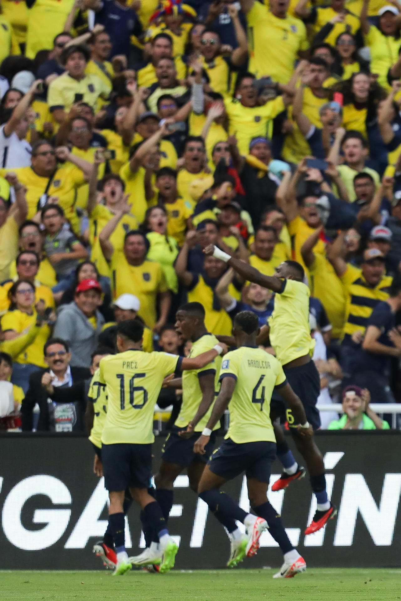 ALEGRÍA. Los jugadores y los hinchas celebraron la victoria de Ecuador.