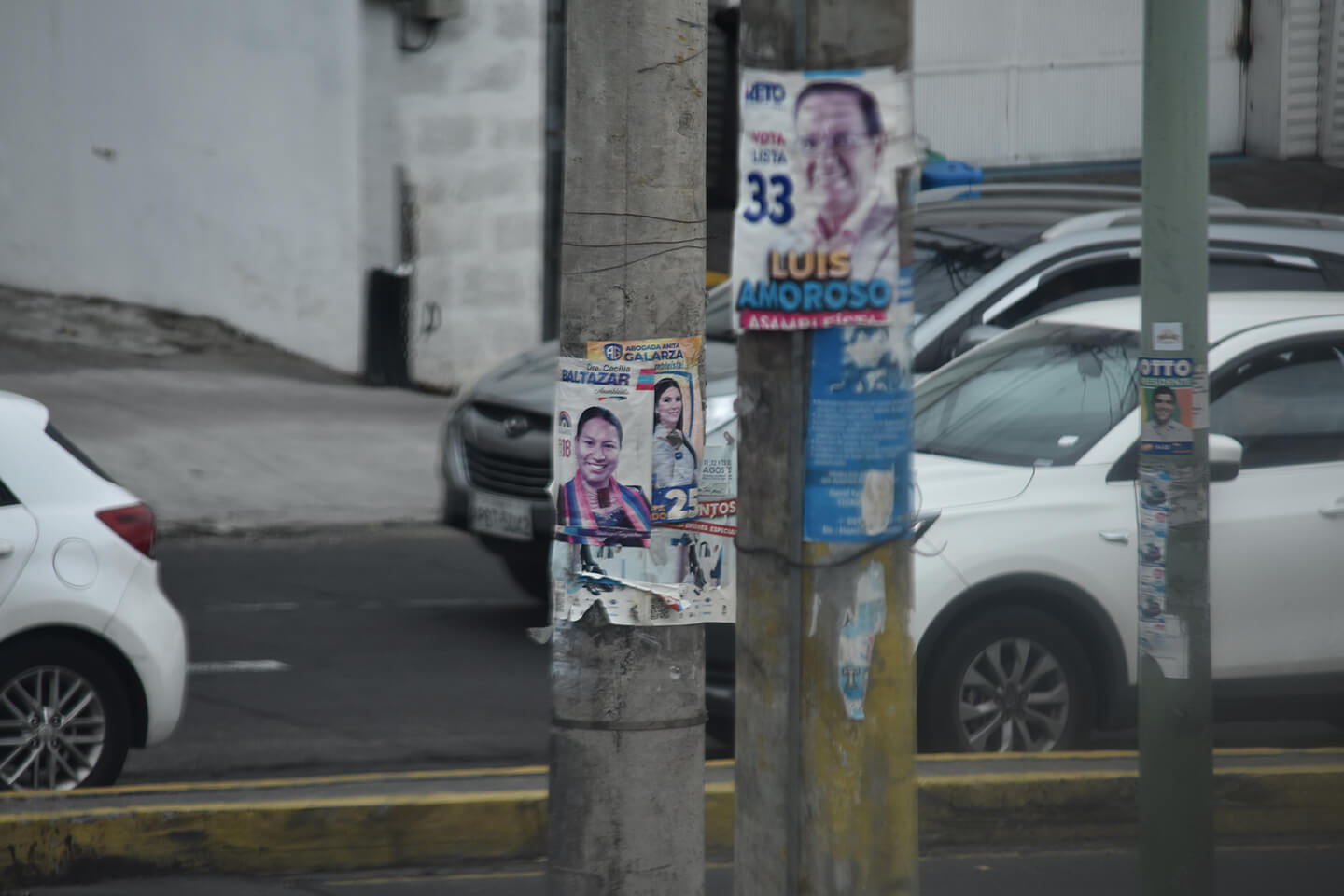 Propaganda con el rostro de la asambleísta electa Cecilia Baltazar y otros excandidatos en postes de la avenida Atahualpa. 