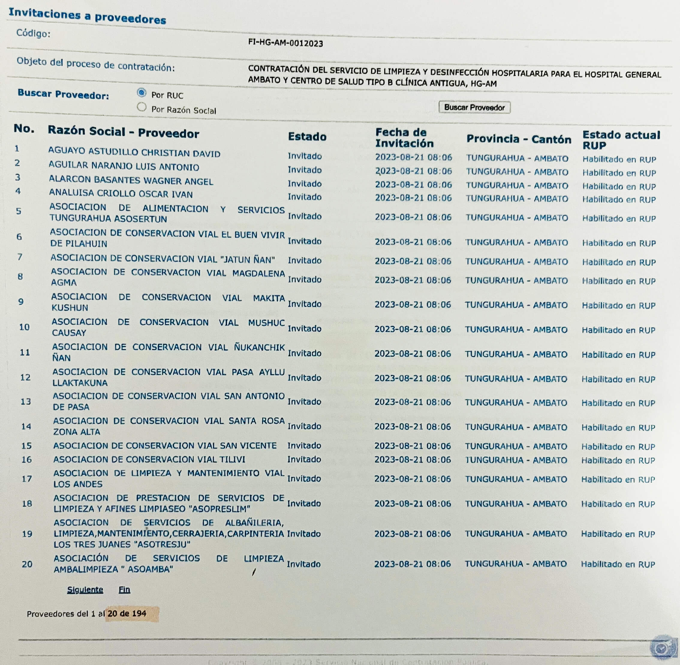  El proceso de compra es para el servicio de limpieza y desinfección del Hospital del IESS en Ambato.