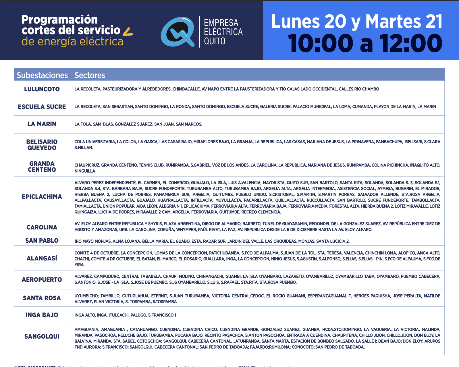 Quito Conozca los horarios de los cortes de luz para el 20 y 21 de