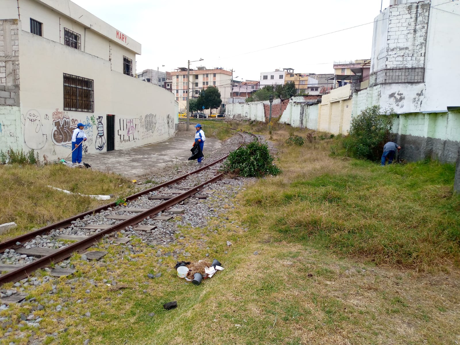 LABOR. Ciudadanos y personal policial trabajando conjuntamente para rehabilitar espacios públicos en Ambato.