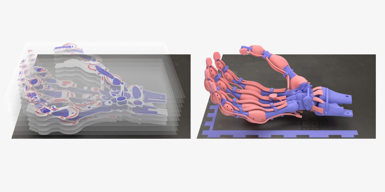 Fotografía facilitada por Inkbit 3D, de la pinza robótica impresa en 3D con forma de mano humana y controlada por 19 tendones del confundador de esta empresa y científico Javier Ramos. EFE
