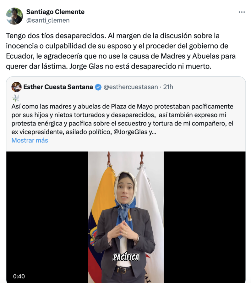Tuit de Santiago Clemente sobre el video de Esther Cuesta.