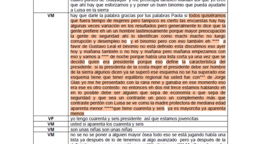 Conversación del buró de Revolución Ciudadana al buscar candidatos presidenciales. Pabón dice que es tiempo de mujeres y Rafael Correa dice que no.